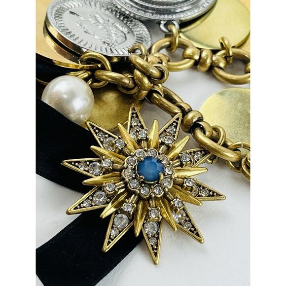 J.Crew Coin Charm Necklace Crystal Star Black Chunky Gold Heavy Rare Unique Disc - Picture 12 of 16